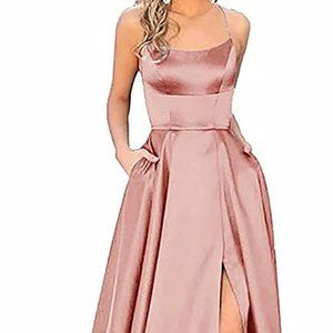 Women's Spaghetti Strap Satin Backless Side Slit Long Dress with Pockets